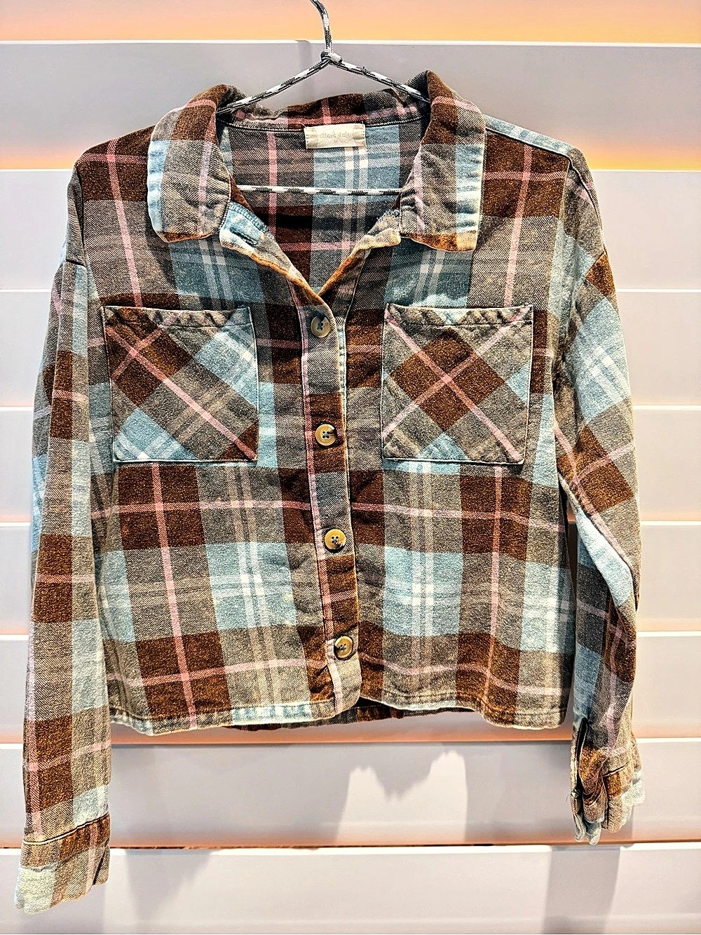 Altar’d State Plaid Cropped Flannel in Brown & Blue, medium 🤎